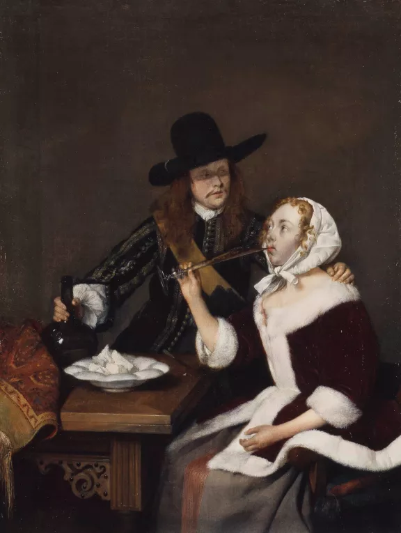 Een heer laat een dame drinken van Gerard ter Borch, 1658-1659