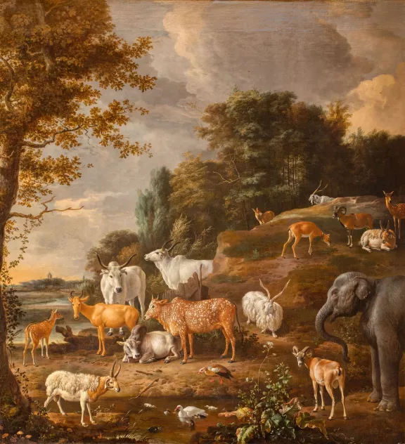 Een schilderij van Uitheemse dieren van Melchior d'Hondecoeter