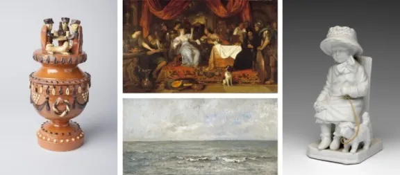 Collage met vier foto's van objecten: links en rechts twee beeldjes, midden boven een schildering met tafereel van mensen en midden onder een schilderij van een zeegezicht