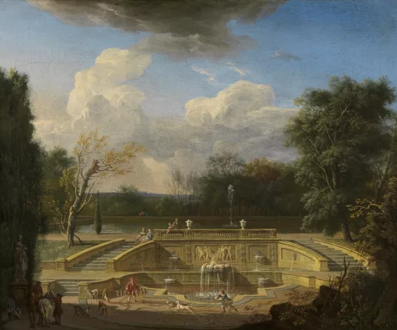 Gezicht op de Cijferfontein bij de Hoge Vijver in het park van Het Loo door Isaac de Moucheron