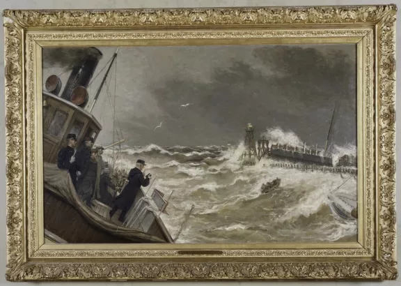 Een portret van schipbreuk van de SS Berlin op de pier van Hoek van Holland met lijst