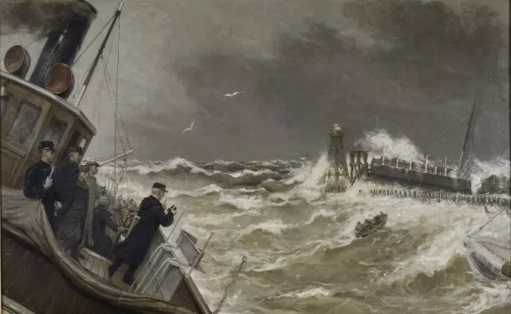 Een portret van schipbreuk van de SS Berlin op de pier van Hoek van Holland