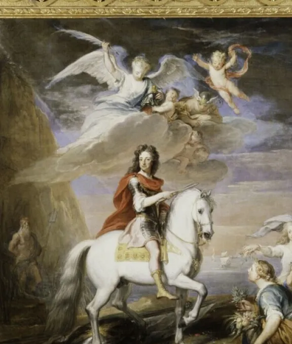 Goud-omlijst schilderij van persoon te paard met engelen zwevend erboven