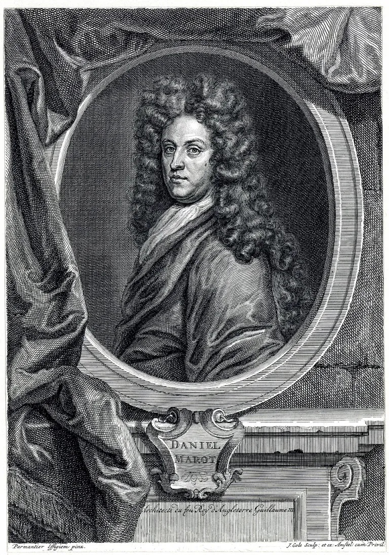 Gravure van Daniel Marot met pruik en in een getekende lijst