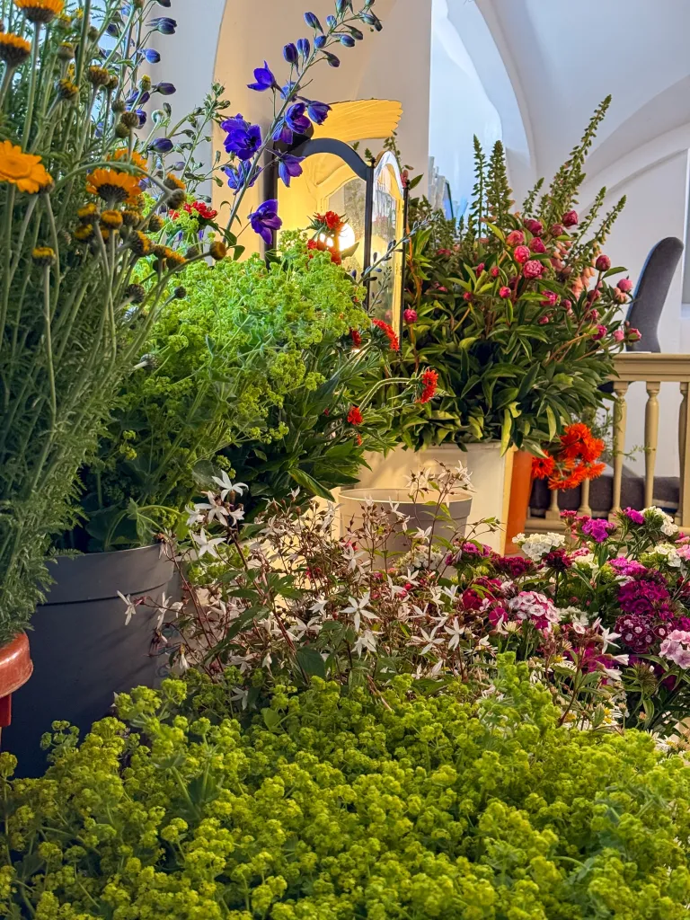 Bloemenkamer met een rijk gevulde presentatie van bloeiende planten en veldbloemen