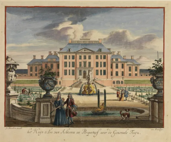 historische-prent-paleis-het-loo-benedentuin-met-uitzicht-op-paleis