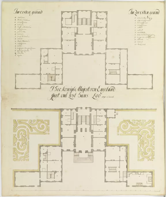 Prent van plattegrond Paleis Het Loo uit de 17e eeuw