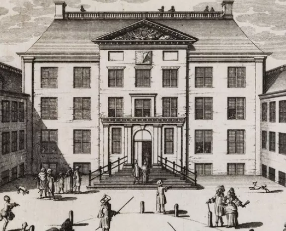 prent van de voorkant van Paleis Het Loo met de bassecour