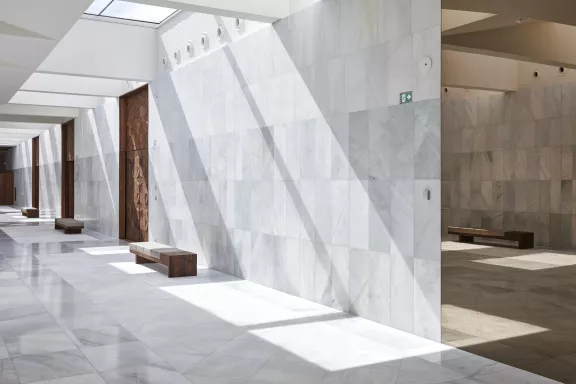 Grand foyer with light on the marble walls and floors and the wooden doors with floral motif