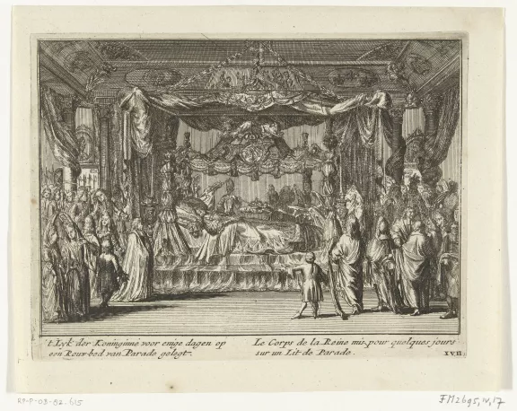 Opbaring van Maria II Stuart op het praalbed van vermoedelijk de great bedchamber op Hamtpon Court.