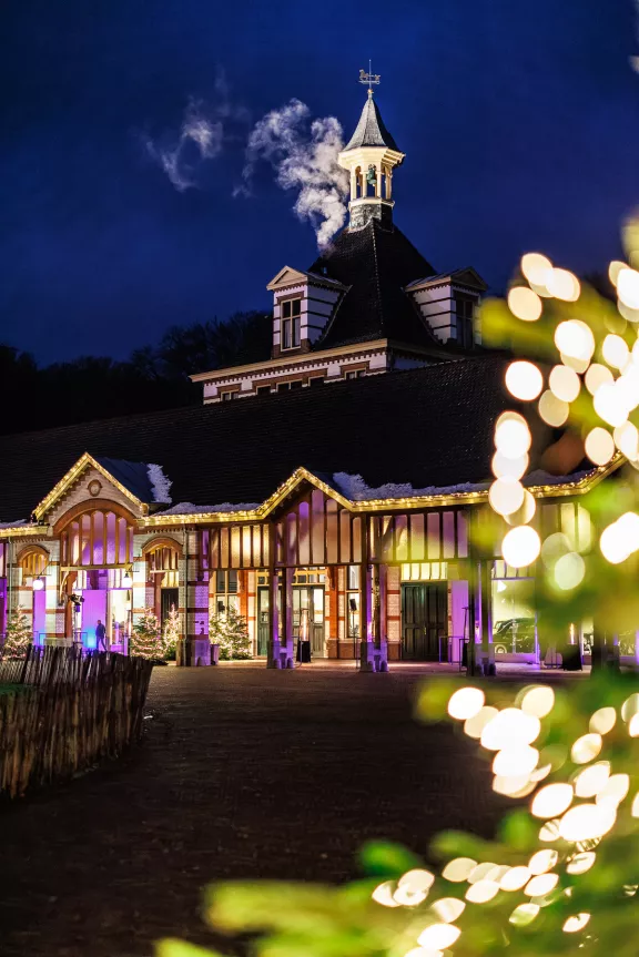 Sfeervolle kerstverlichting rondom het stallenplein