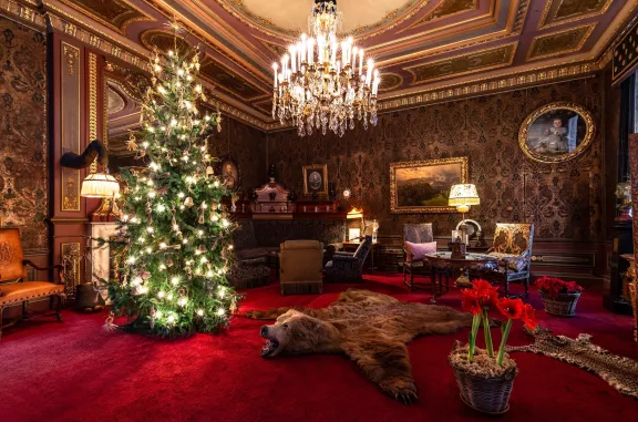 Een verlichte kerstboom in de zitkamer van prins Hendrik.