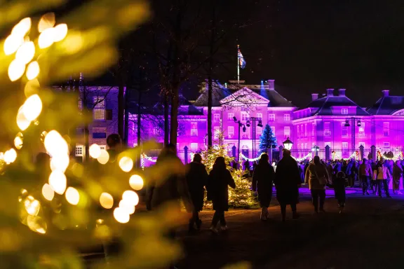 Mensen lopen in de nacht naar het verlichte paleis en de opening van de Nationale Kerstboom in 2025