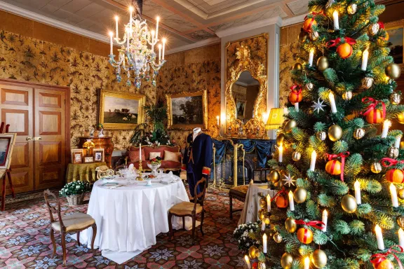 Een kamer in het paleis is versierd met een kerstboom en een kerstig kostuum