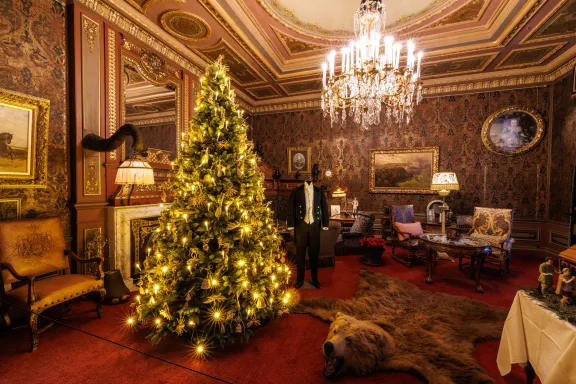 Een rijkelijk versierde, historische kamer in Paleis Het Loo, ingericht in kerstsfeer. Links op de voorgrond staat een grote, sfeervol verlichte kerstboom met gouden en strooien versieringen. Op de rode vloer ligt een groot berenvel inclusief de opgezette kop. De kamer heeft donker, gedetailleerd behang, gouden ornamenten, een grote kristallen kroonluchter aan het plafond en antieke meubels. Op de achtergrond staat een etalagepop in een deftig zwart galakostuum met een wit overhemd.