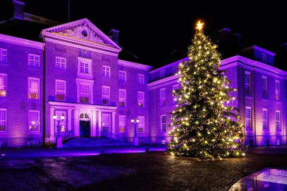 De Nationale Kerstboom op het paars verlichte voorplein van Paleis Het Loo