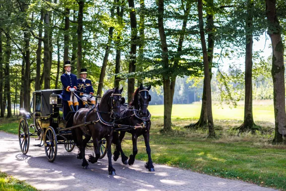 Kutscher fahren eine Kutsche mit Pferden davor