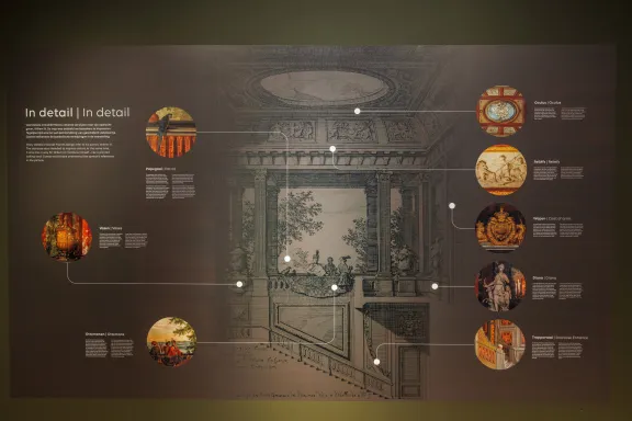 Elementen van de schets van hofarchitect Daniel Marot worden uitgelegd in een infographic
