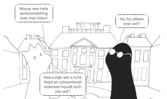 Illustratie van een witte en een zwarte stripfiguur voor Paleis Het Loo. In tekstballonnen praten zij over de betekenissen en aannames rond de kleur wit.