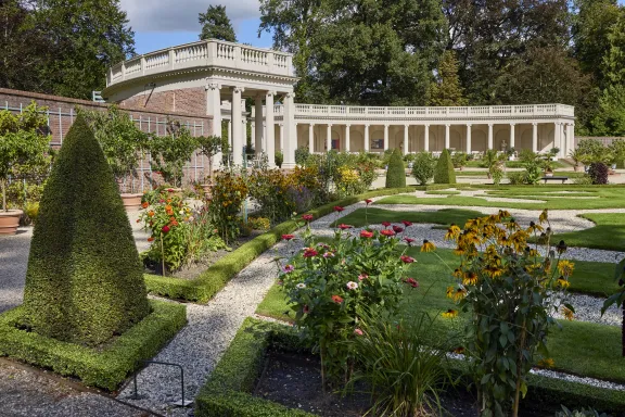 Colonnades with garden parterres in the foreground